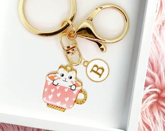 Cute White Cat in a Teacup Enamel Keychain with Personalized Monogram, Fun Kawaii Gold-Plated Keyring, Trendy Bag Charm-K-A006-5