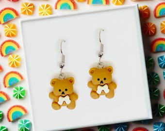 Kawaii Teddy Bear Dangle Earrings Stainless Steel Hooks, Cute Resin Bear Jewelry, Gift for Bear Lovers, Fun & Playful Accessory-ERB-AB001-1