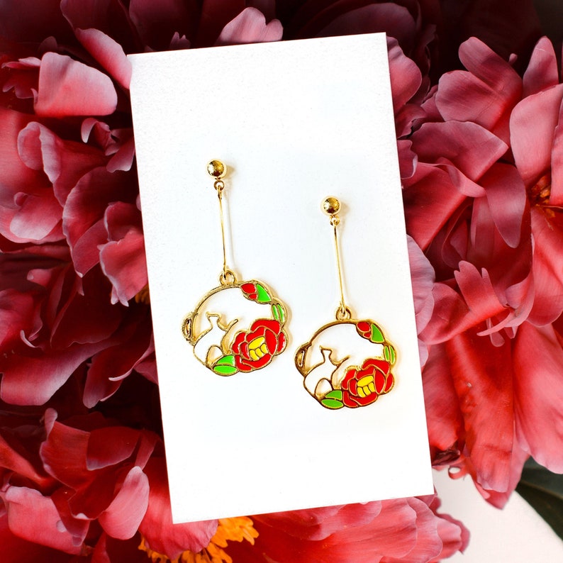 Red Camellia Flower Cat earrings kitty earrings white cat dangle earrings chic girl earrings red flower earrings cat lovers gift image 1