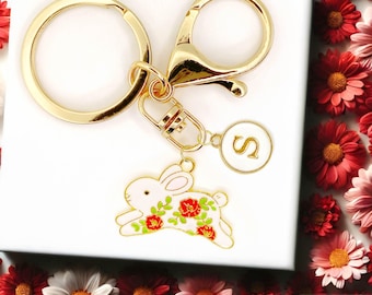 Floral White Bunny Keychain Charm – Cute Enamel Rabbit Accessory with Red Flowers, Springtime Gift for Animal or Nature Lovers-K-A032-1