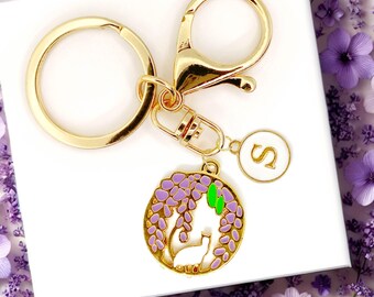 White Cat with Lavender Flower Keychain - Tranquil Gold Enamel Charm for Nature Lovers, Cat Moms and Floral Accessory Gifts-K-A026-2