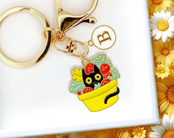 Black Cat in Yellow Pot Keychain, Cute Plant Lover Gift, Funny Cat Charm, Kawaii Kitty Enamel Keyring, Feline Lover Gift-K-A022-1