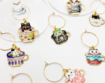 Cat Wine Charms Set – Kawaii Cats in Cup, Cat Lover Gift, Kitty Drink Tags, A-Z Letter, Wine Party Accessories