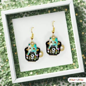 Cheshire Cat in Teacup Dangle Earrings - Wonderland Jewelry Gift for Cat Lovers - Magical Alice in Wonderland Earrings-ERA-A006-3