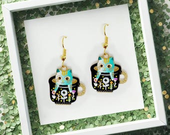Cheshire Cat in Teacup Dangle Earrings - Wonderland Jewelry Gift for Cat Lovers - Magical Alice in Wonderland Earrings-ERA-A006-3