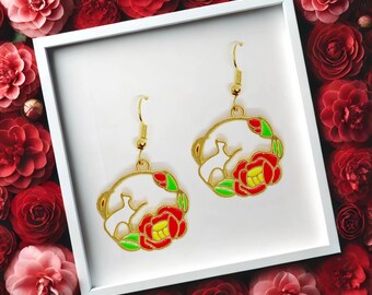 White Cat and Red Camellia Flower Dangle Earrings 18k Gold Plated Hook, Kawaii Jewelry Gift for Cat Lovers and Flower Enthusiasts-ERA-A026-1
