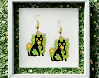 Black Cat Earrings Cute Plant Cat Jewelry Gift – Kawaii Enamel Kitty Flower Studs for Fun Cat Lovers, Spring Cat Earrings-ERA-A022-5