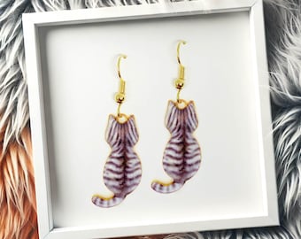 Grey Tabby Cat Dangle Earrings 18k Gold Plated Hook, Minimalist Jewelry Gift for Cat Lovers and Tabby Cat Enthusiasts - ERA-A131-5