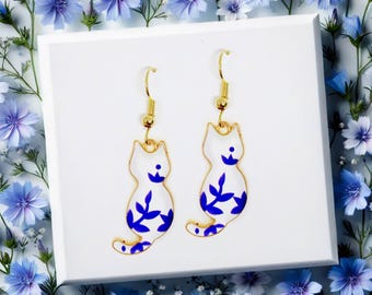 Blue Floral Cat Dangle Earrings, Modern Minimalist Jewelry Gift for Cat Lovers, Unique Enamel Accessory - ERA-A131-8