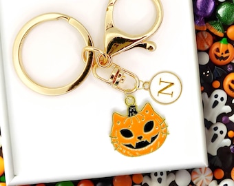 Halloween Cat Keychain Orange Jack-O’-Lantern Cat Charm Personalized Initial Clip Cute Spooky Gift for Cat Lovers and Halloween-K-A072-1