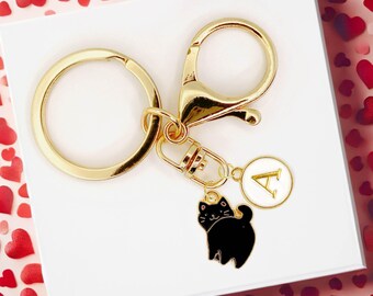 Black Cat Keychain with Custom Initial Charm for Cat Lovers and Halloween Inspired Cute Aesthetic Accessories-K-A110-1