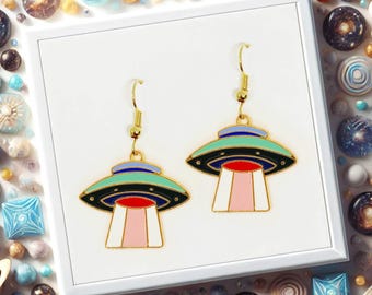 UFO Spaceship Dangle Earrings, Fun Alien Jewelry Gift for Space Lovers, Whimsical Sci-Fi Inspired Accessory - ERA-A042-2