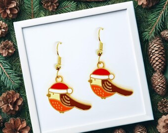 Christmas Sparrow with Santa Hat Dangle Earrings, Festive Holiday Jewelry Gift for Bird Lovers, Cute and Playful Accessory - ERA-A040-3