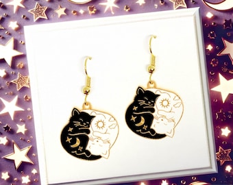 Yin Yang Earrings Black & White Cat Jewelry – Mystical Celestial Enamel, Moon an Sun Witchy Couple Gift, Magical Charm for Cat Lovers