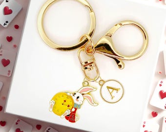 White Rabbit Keychain with Pocket Watch in Red Coat with Personalized Letter Charm for Fantasy Lovers and Wonderland Gifts-K-A102-1