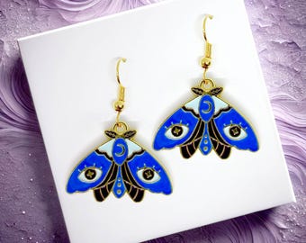 Butterfly Earrings Blue Fairy Wing Moth Dangle, Handmade Boho Chic Statement Jewelry, Enamel Pendant, Dainty Spring Gift - ERA-A083-4