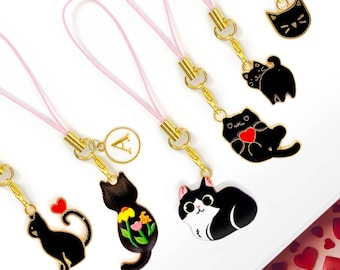Black Cat Phone Charm with Personalized Letter – Cute Kawaii Kitty Keychain for Black Cat Owners & Cat Lover Gifts