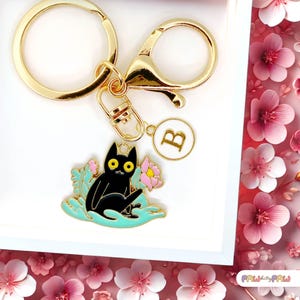 Black Cat with Pink Flower Keychain - Cute Enamel Cat Charm with Blossoms - Kawaii Floral Cat Keyring Gift for Cat and Plant Lovers-K-A022-8