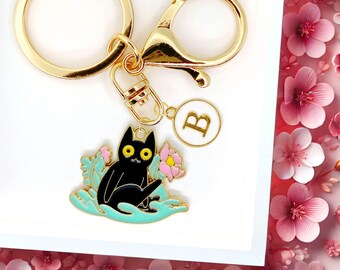 Black Cat with Pink Flower Keychain - Cute Enamel Cat Charm with Blossoms - Kawaii Floral Cat Keyring Gift for Cat and Plant Lovers-K-A022-8