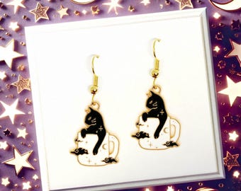 Coffee black cat dangle earrings with enamel charm, Perfect kawaii accessory for cat and coffee lovers - ERA-A048-2