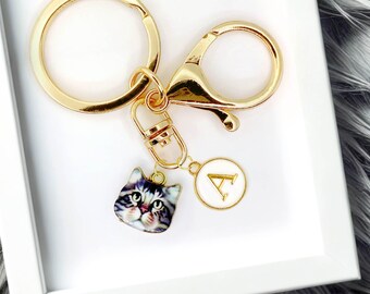 Realistic Grey Tabby Cat Face Keychain with Gold Initial Charm for Cat Lovers and Personalized Pet Owner Gift Accessories-K-A097-3