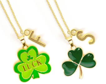 Lucky Clover Charm Necklace for St. Patrick’s Day with Personalized Initial – Irish Good Luck Gift and Kawaii Green Jewelry-NCA-012