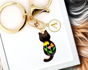 Cute Enamel Keychain: Black Cat Silhouette with Floral Design and Custom Monogram-K-A131-3