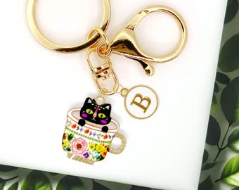 Cute Black Cat in a Teacup Enamel Keychain with Personalized Monogram Letter Charm, Fun Kawaii Gold-Plated Keyring - K-A006-2