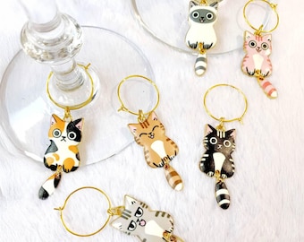 Cat Wine Glass Charm Set - Cat Lover Gift - White, Pink, Calico, Grey Tabby, Brown Cats - Perfect for Cat Owners-A-Z Letter Charms-WNA-003