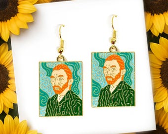 Van Gogh Self Portrait Enamel Earrings: Colorful Artistic Dangle Charm-ERA-A052-4