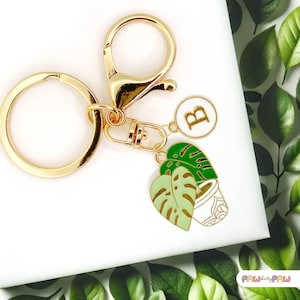Monstera Plant Keychain, Houseplant Lover Gift, Gold Enamel Tropical Leaf Charm, Botanical Keyring-K-A016-1