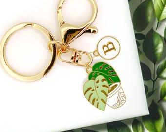 Monstera Plant Keychain, Houseplant Lover Gift, Gold Enamel Tropical Leaf Charm, Botanical Keyring-K-A016-1