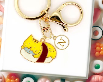 Sushi Cat Keychain Cute Yellow Cat Enamel Charm with Fish Personalized Initial Clip Funny Kitty Lover Gift for Cat Lover-K-A070-1
