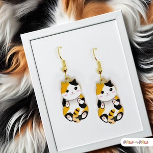 Calico cat dangle earrings 18k gold-plated hooks, featuring a cute kawaii design, perfect for cat lovers and cat owner gifts-ERA-A002-1