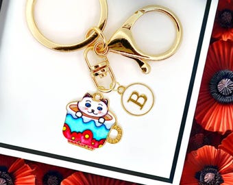 Cute White Cat in Blue Floral Teacup Enamel Keychain with Personalized Monogram Letter Charm, Fun Kawaii Gold-Plated Keyring - K-A006-7