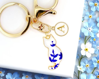 Cute Enamel Keychain White Blue Botanical Porcelain Cat Custom Initials -K-A131-8