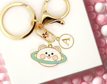 Cute Enamel Keychain: Polar Bear Planet with Custom Initial Monogram-K-A105-1