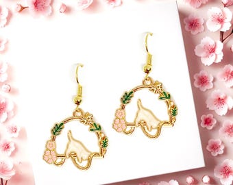 White Cat Enamel Earrings: 18k Gold Plated Dangle, Playful Spring Style-ERA-A013-7