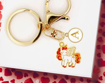 Cute Enamel Keychain: Red Unicorn with Custom Monogram -K-A130-3