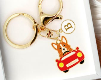 Corgi in Red Car Keychain, Cute Dog Lover Gift, Driving Welsh Corgi Charm, Funny Puppy Keyring, Fun Car Travel Dog Keychain-K-A020-4