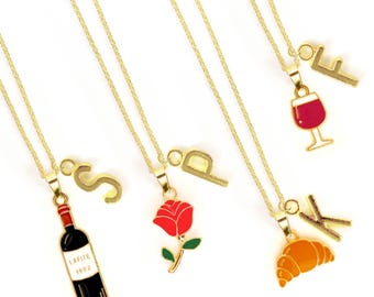 Parisian Charm Necklace with Croissant, Wine Bottle, and Rose – French Lover Jewelry Gift for Romantic Souls & Francophile Aesthetic-NCA-017