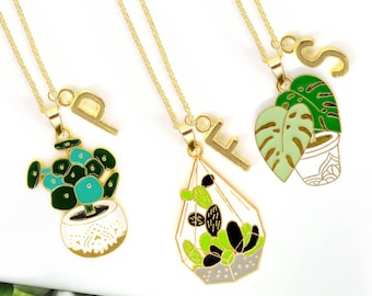 Crazy Plant Lady Necklace with Initial – Monstera Pilea Succulent Charms on 18k Gold Plated Chain–Gift for Plant Mom or Plant Lover-NCA-009