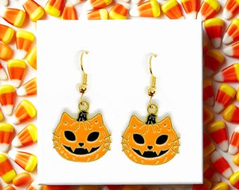 Pumpkin Halloween Cat Dangle Earrings with Enamel Pendant and 18k Gold Plated Hook, Spooky and Cute Jewelry Gift for Halloween-ERA-A072-1