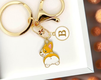 Corgi Butt Enamel Keychain with Personalized Monogram Letter Charm, Cute Dog Keyring, Gold-Plated Corgi Gift, Pet Lover Accessory-K-A012-1