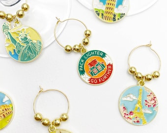 Wanderlust Wine Glass Charms – Travel Enamel Drink Markers with Iconic World Destinations for Holiday Hosting & Globetrotter Gifts