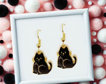 Pearly Black Cat Dangle Earrings with Enamel Charm, Cute Jewelry Gift for Cat Lovers and Black Cat Owners - ERA-A053-1