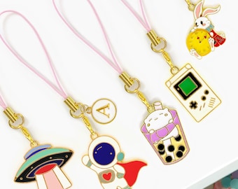 Geeky Cute Phone Charm with Personalized Letter – Space Rocket, Bunny, Boba Tea & Game Lover Keychain for Nerdy Kawaii Vibes