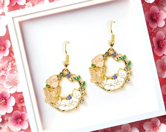 Pink Flower Butterfly Cat Enamel Earrings: 18k Gold Plated Dangle-ERA-A013-6