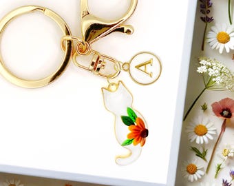 Cute Enamel Keychain Sunflower White Cat Custom Monogram Letter Acrylic-K-A131-9
