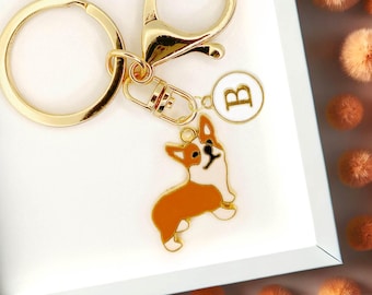 Corgi Dog Enamel Keychain with Personalized Monogram Letter Charm, Cute Welsh Corgi Gift, Gold-Plated Keyring, Pet Lover Accessory-K-A011-1